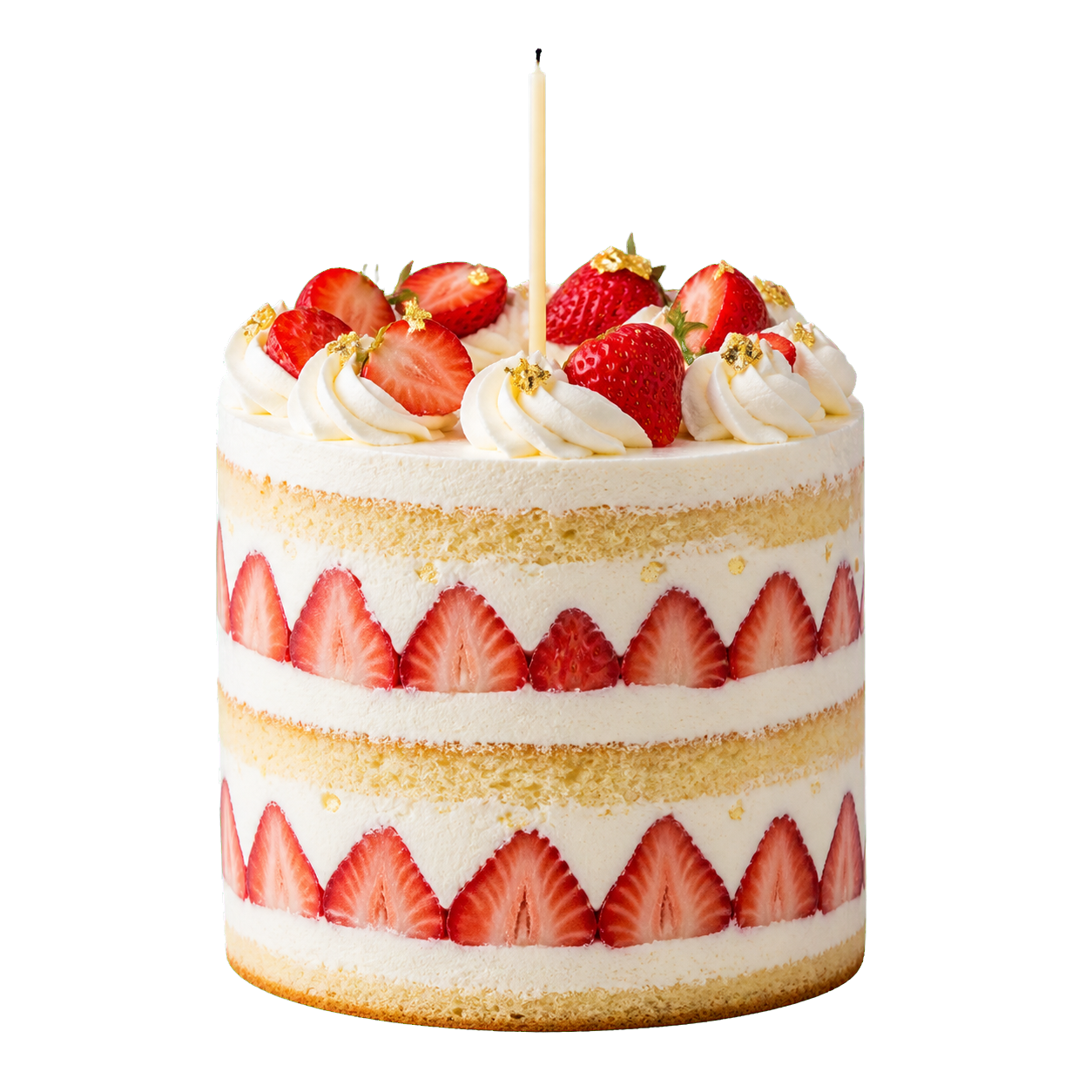 A strawberry birthday cake with a candle